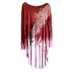 Art of Cloth Tie Dye High Low Long Sleeve Tunic Blouse Maroon Red Size M
